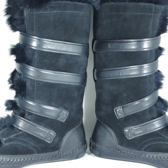 Tory Burch Women's Jaden US8 Black Rabbit Fur Lined Leather Suede Winter Boots - Picture 16 of 16